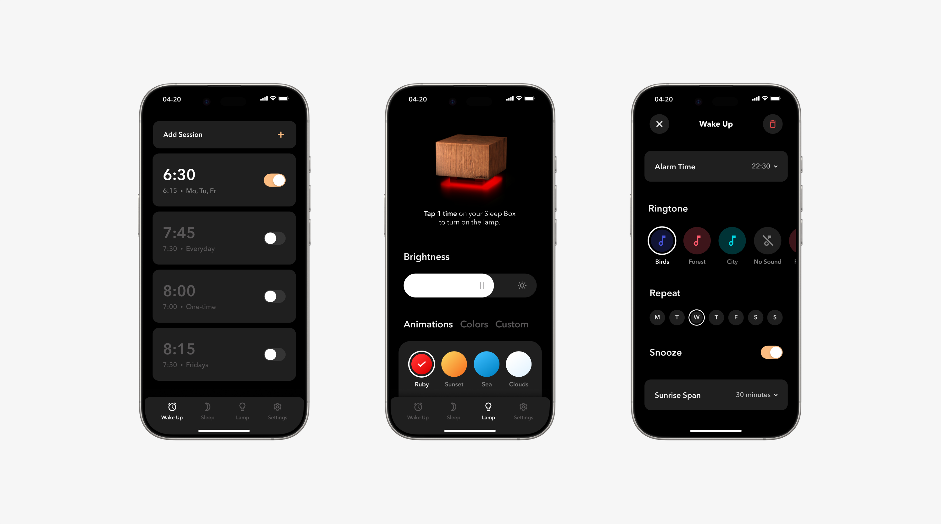 Undout app: alarms, Sleep Box lamp colors and wake-up settings