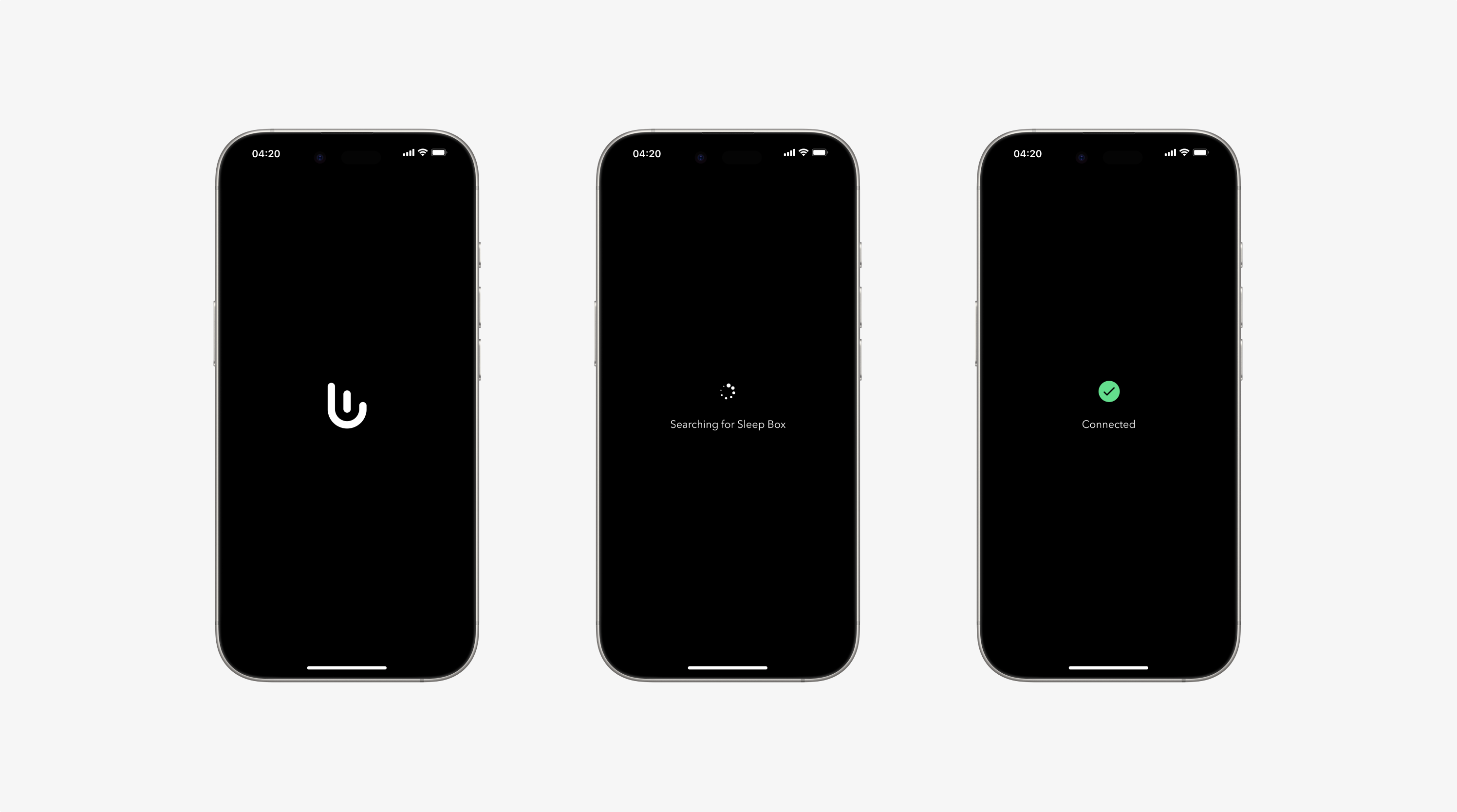 Undout app: pairing the phone with the Sleep Box, from searching to connected