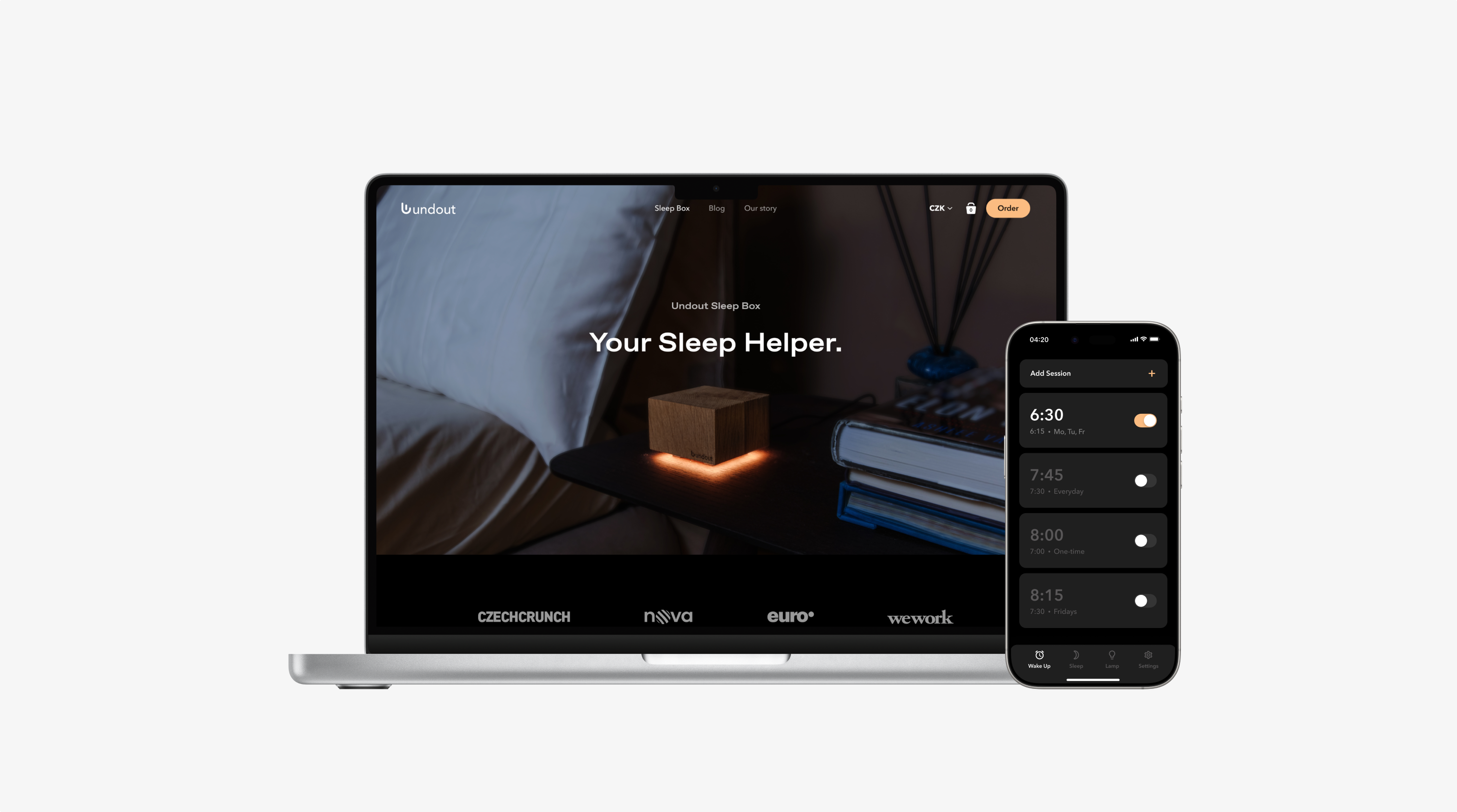 Undout: website and app for a sleep helper, “Your Sleep Helper,” on a laptop and phone
