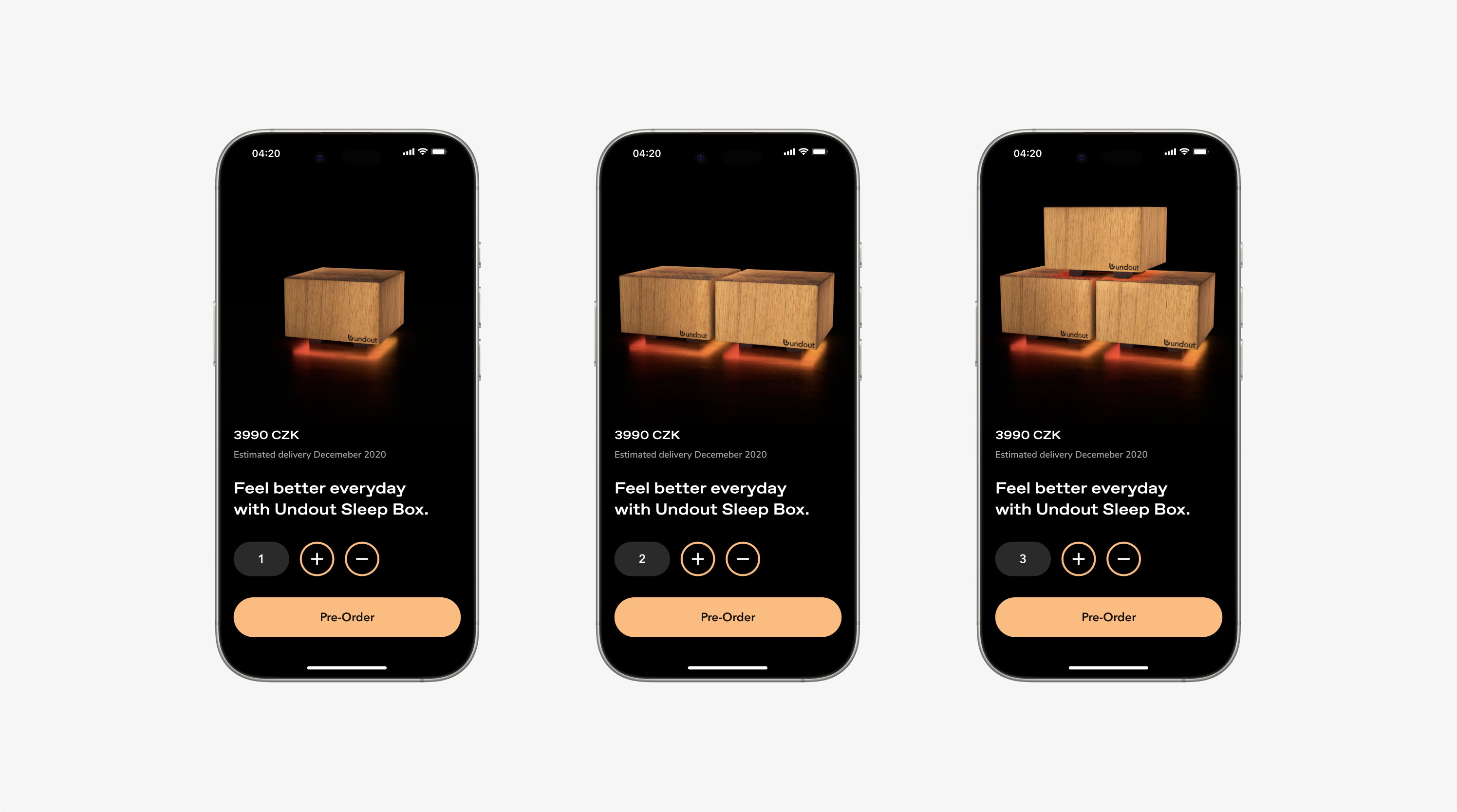 Undout app: pre-ordering one, two or three Sleep Boxes, crowdfunded to 550k CZK