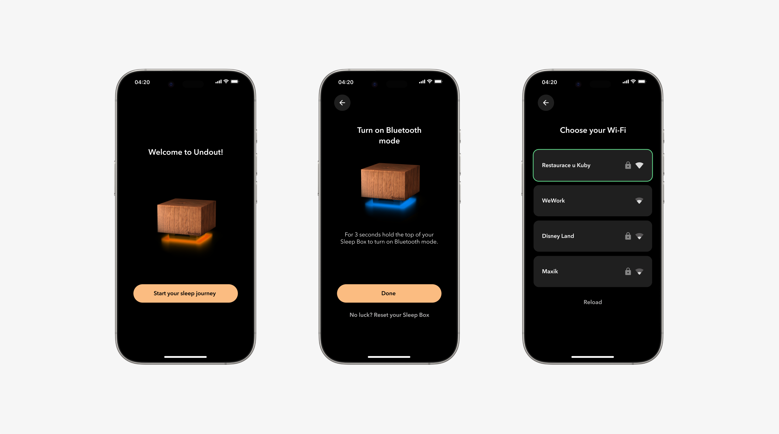 Undout app onboarding: welcome, Bluetooth pairing and Wi-Fi setup